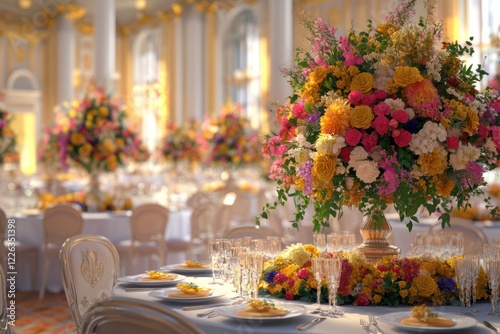 Luxurious floral centerpiece at grand ballroom wedding reception photo