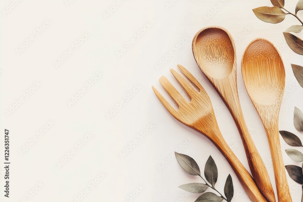 Rustic Bamboo Kitchen Utensils with Greenery on White Background Rustic Bamboo Kitchen Utensils with Greenery on White Background