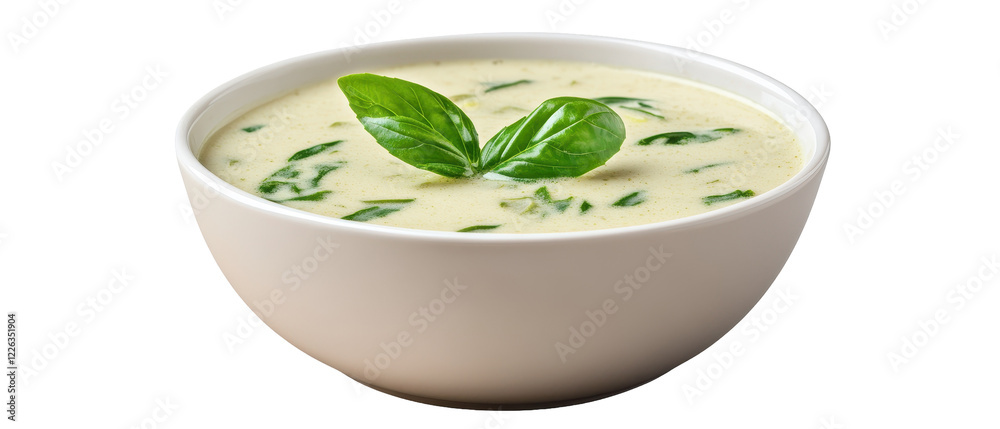 Fresh basil soup in a white bowl. transparent background Fresh basil soup in a white bowl. transparent background
