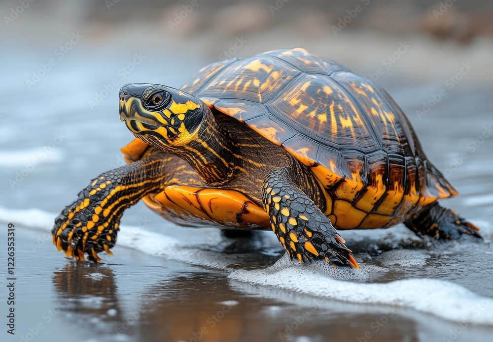 Obraz premium Majestic aquatic turtle with vibrant shell colors crawling along the sandy coastline, showcasing intricate patterns and textures in natural habitat