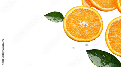 Fresh orange slices with vibrant colors and green leaves on a dark background. transparent background