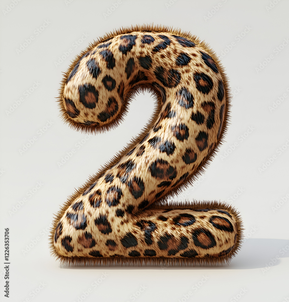 The number two, made of leopard print material, is on a white background. The number two, made of leopard print material, is on a white background.