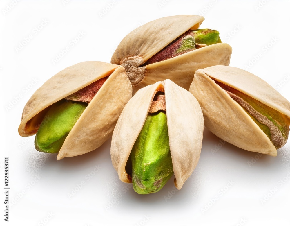 Close-up of pistachios on a white background, Generative AI Close-up of pistachios on a white background, Generative AI