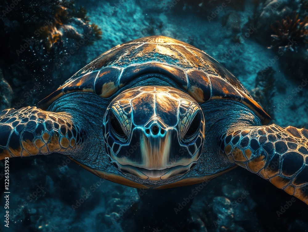 Fototapeta premium Majestic Green Sea Turtle Gliding Through Crystal Clear Ocean Water Surrounded by Vibrant Coral Reef, Captivating Underwater Scene