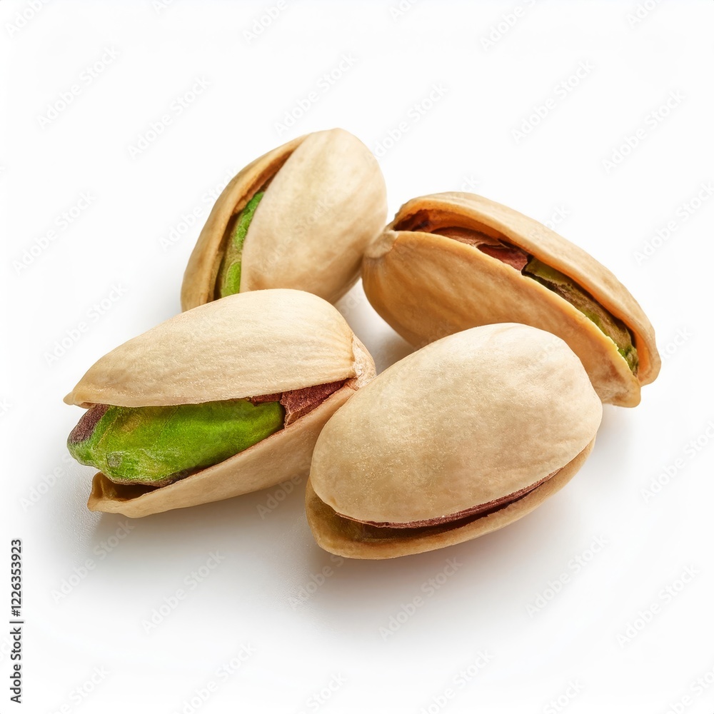 Close-up of pistachios on a white background, Generative AI Close-up of pistachios on a white background, Generative AI