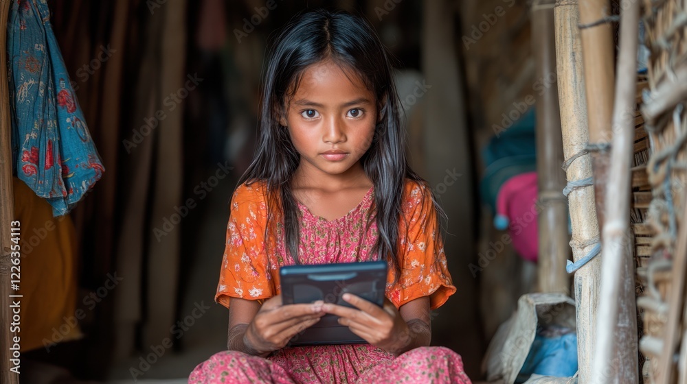 Fototapeta premium Young girl in rural setting using tablet.