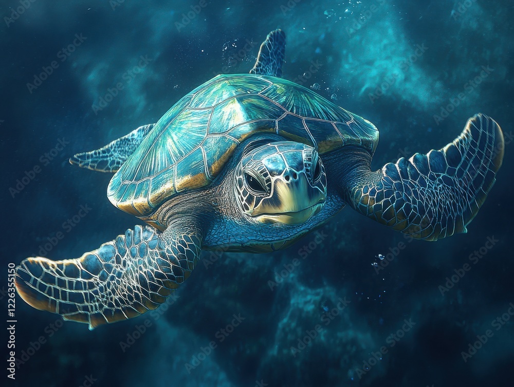Fototapeta premium Majestic sea turtle gliding gracefully through clear blue ocean waters, showcasing intricate shell patterns and vibrant marine life surroundings