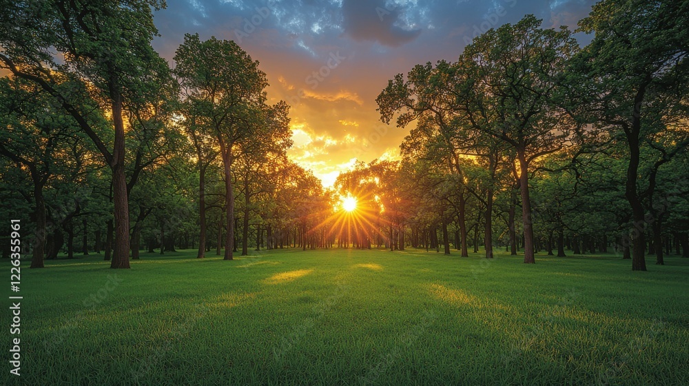 Fototapeta premium Peaceful landscape in a park with vibrant green grass and tall trees at sunrise, offering a serene atmosphere as the morning sun warms the scene.