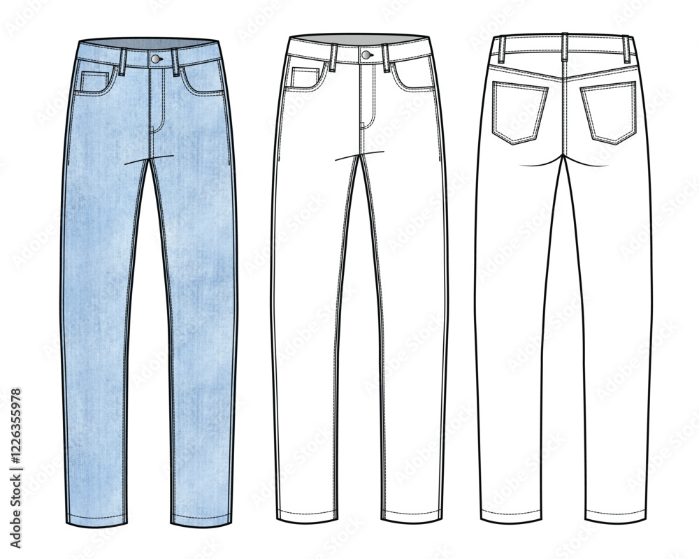 Mom jeans for women front and back view vector design mockup template technical flat sketch. Mom jeans for women front and back view vector design mockup template technical flat sketch.