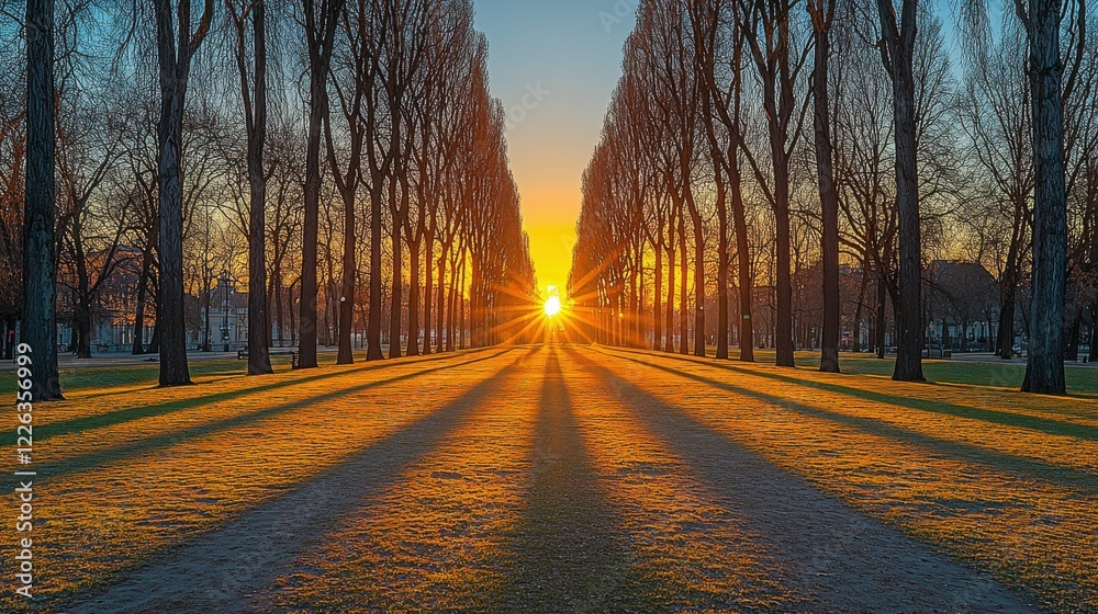 Obraz premium Early morning landscape in a park with green grass, tall trees, and the fresh light of dawn casting long shadows and highlighting the natural beauty.