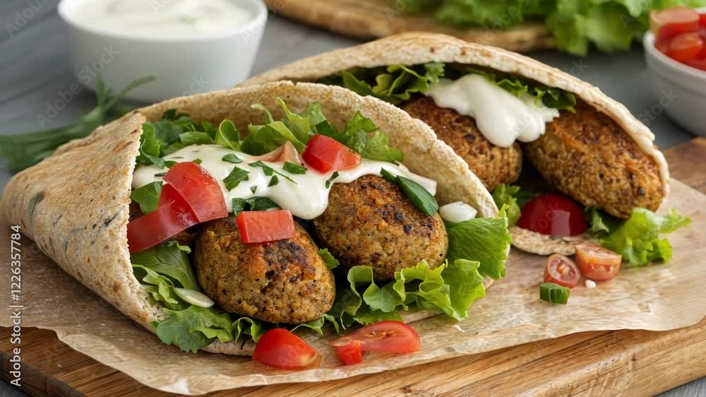 A closeup of a whole grain pita stuffed with falafel crunchy lettuce and diced tomatoes all peeking out adorned with a dollop of tzatziki. A closeup of a whole grain pita stuffed with falafel crunchy lettuce and diced tomatoes all peeking out adorned with a dollop of tzatziki.