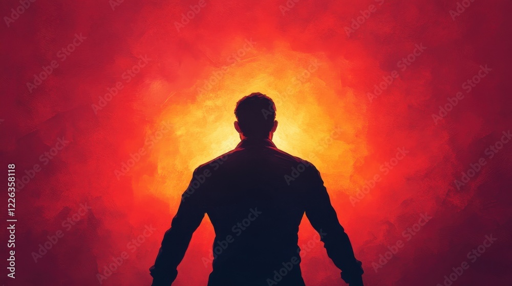 Fierce Fighter Facing Towering Challenge Against a Glowing Background, Symbolizing Strength and Resilience in Challenging Times Fierce Fighter Facing Towering Challenge Against a Glowing Background, Symbolizing Strength and Resilience in Challenging Times