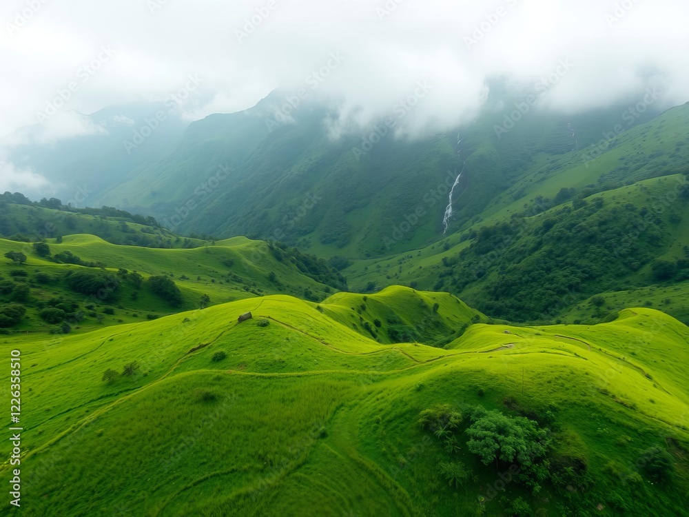 Obraz premium Drone shot of misty waterfalls in lush valley with fog, mountainous Kerala landscape, hyper realistic aerial view photography, mountainous area, beautiful grassy field, aerial view