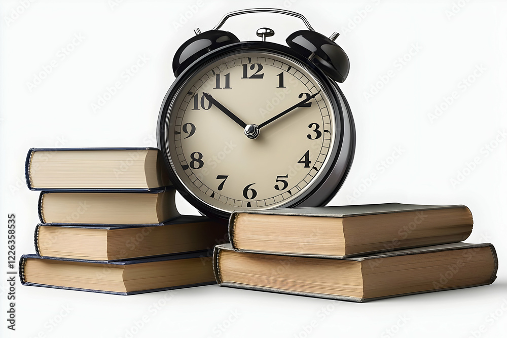 Alarm clock, books, study, white background, education concept Alarm clock, books, study, white background, education concept