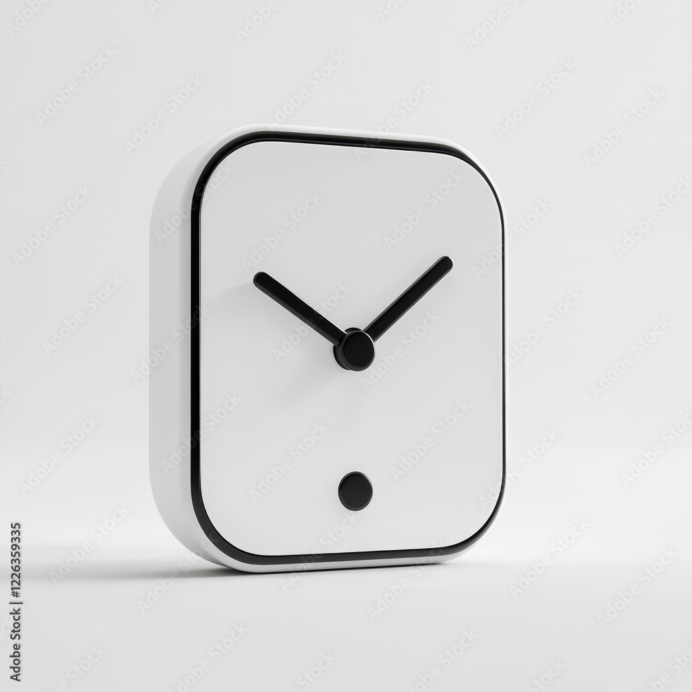 Minimalist white square clock with black hands and dot. Minimalist white square clock with black hands and dot.