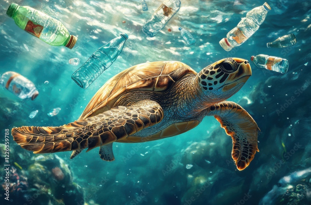 Fototapeta premium Majestic Sea Turtle Swimming Amidst Plastic Bottles in the Ocean, Highlighting the Urgent Need for Marine Conservation Efforts and Waste Reduction Initiatives
