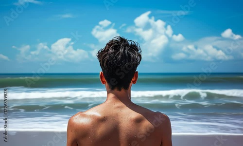 man watch Ocean Waves, Relaxing Beach Video Footage  4K 