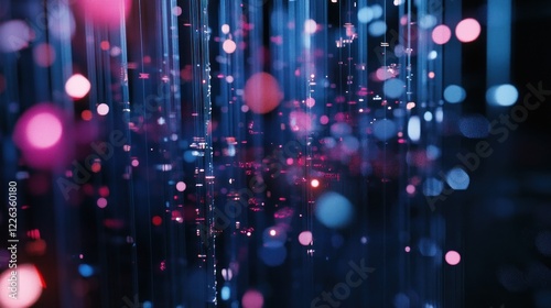 Abstract data stream with glowing orbs and lines in red and blue on black background