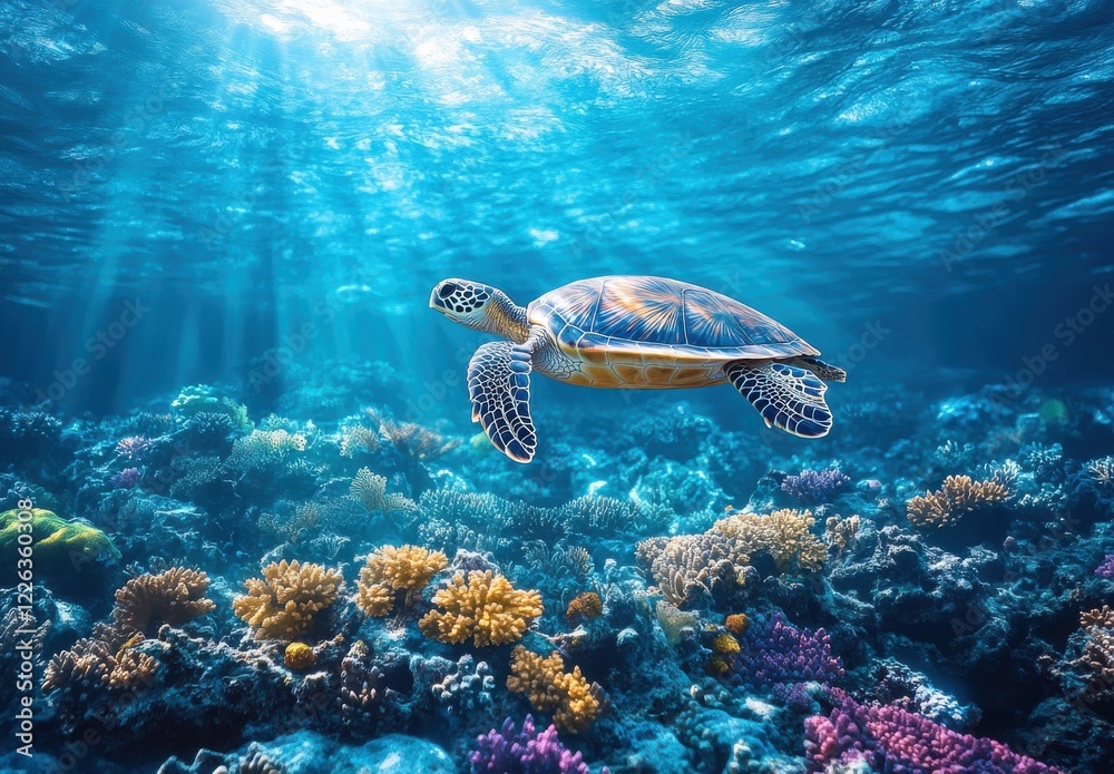 Fototapeta premium Majestic Sea Turtle Swimming Gracefully Above Vibrant Coral Reef in Crystal Clear Ocean Waters with Sunlight Filtering Through Water Surface