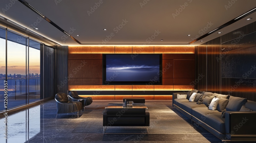 Fototapeta premium Sleek 3D-Rendered TV Studio with Wall-Mounted Screen and Ambient Lighting