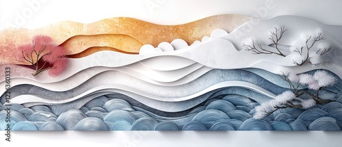 Wallpaper Mural Abstract Papercut Landscape  Waves  Trees  Winter  Spring  Modern Art Print Torontodigital.ca