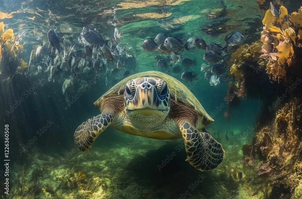 Fototapeta premium Majestic Sea Turtle Swimming Gracefully Among Schools of Fish in Vibrant Underwater Landscape with Coral and Kelp Forests