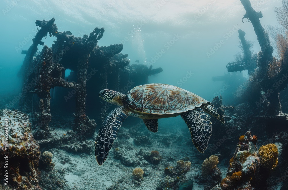 Fototapeta premium Majestic Sea Turtle Swimming Gracefully Among Sunken Shipwrecks in Clear Blue Ocean Waters Surrounded by Vibrant Coral and Marine Life