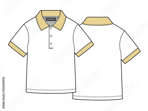 Kids polo shirts front and back view flat drawing vector design mockup template.