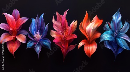 Vibrant, stylized floral arrangements in red, blue, and purple hues against a black background.