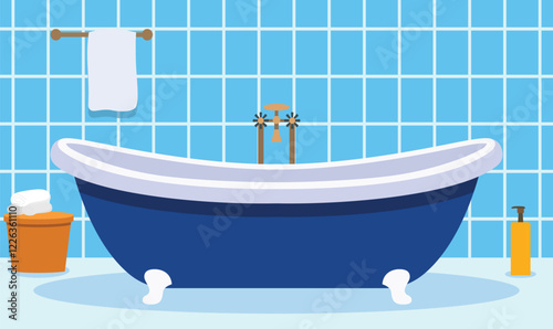 Flat Design Illustration of Bathtub in Cozy Clean Bathroom at Home with Ceramic Wall Background