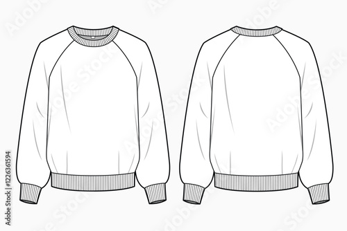 Male raglan sleeve oversized sweatshirt front and back view technical flat sketch vector mockup illustration.
