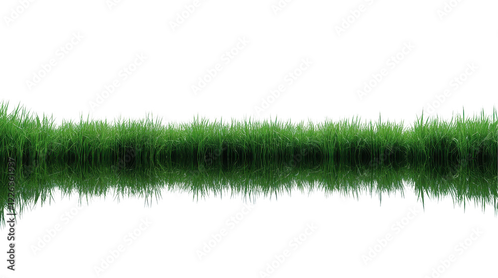 Lush green grass reflecting in water, creating a serene and tranquil natural setting. transparent background Lush green grass reflecting in water, creating a serene and tranquil natural setting. transparent background
