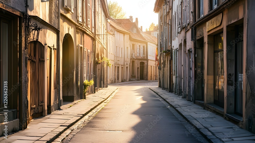 Obraz premium An empty, quiet street lined with old buildings and sunlight streaming through