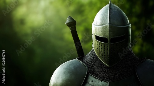 Knight in shining armor stands ready in a lush green forest, evoking a sense of adventure and valor photo