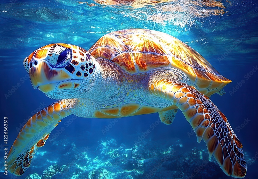 Fototapeta premium Majestic Sea Turtle Swimming Gracefully Through Crystal Clear Ocean Waters Surrounded by Vibrant Marine Life Under Glimmering Sunlight