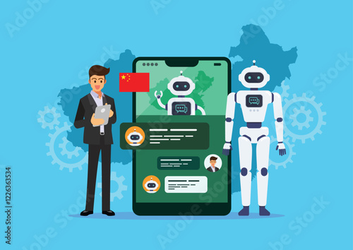 Business chinese man is talking or chatting with chat bot