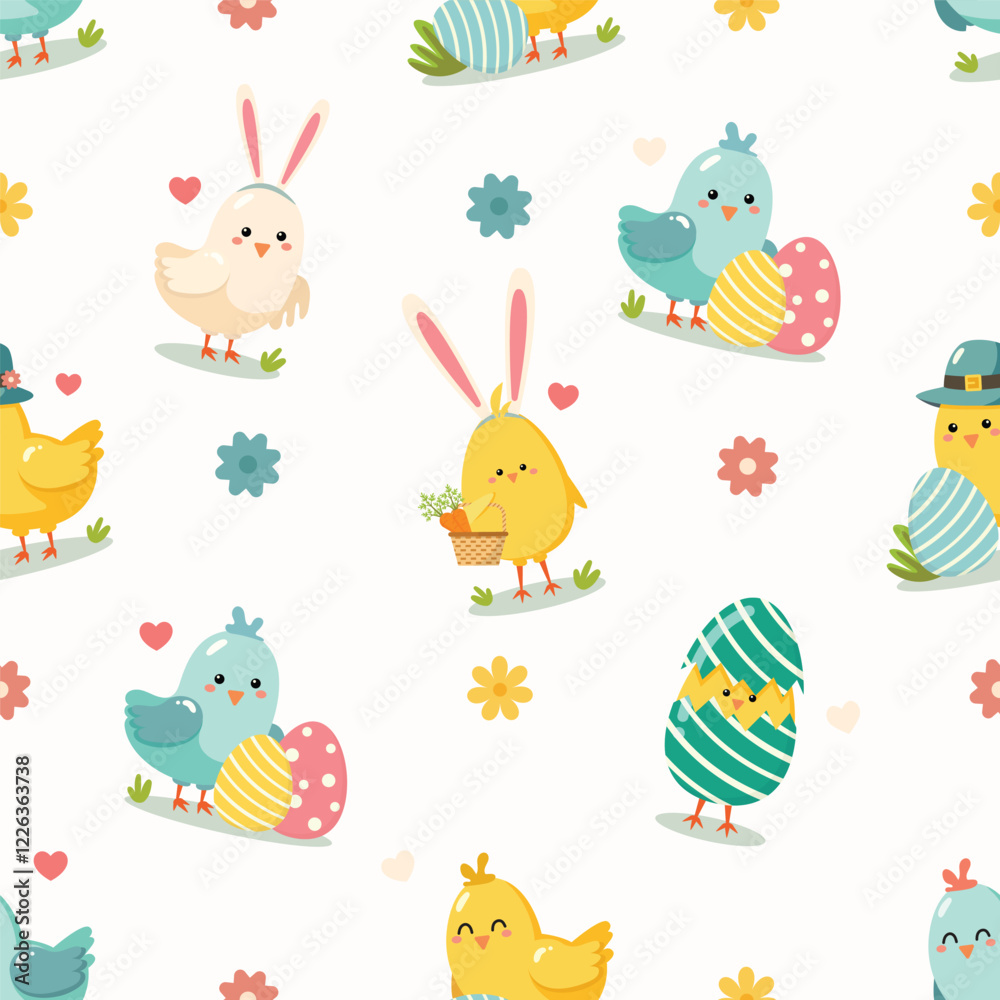 Fototapeta premium Colorful easter cute chicks birds seamless pattern