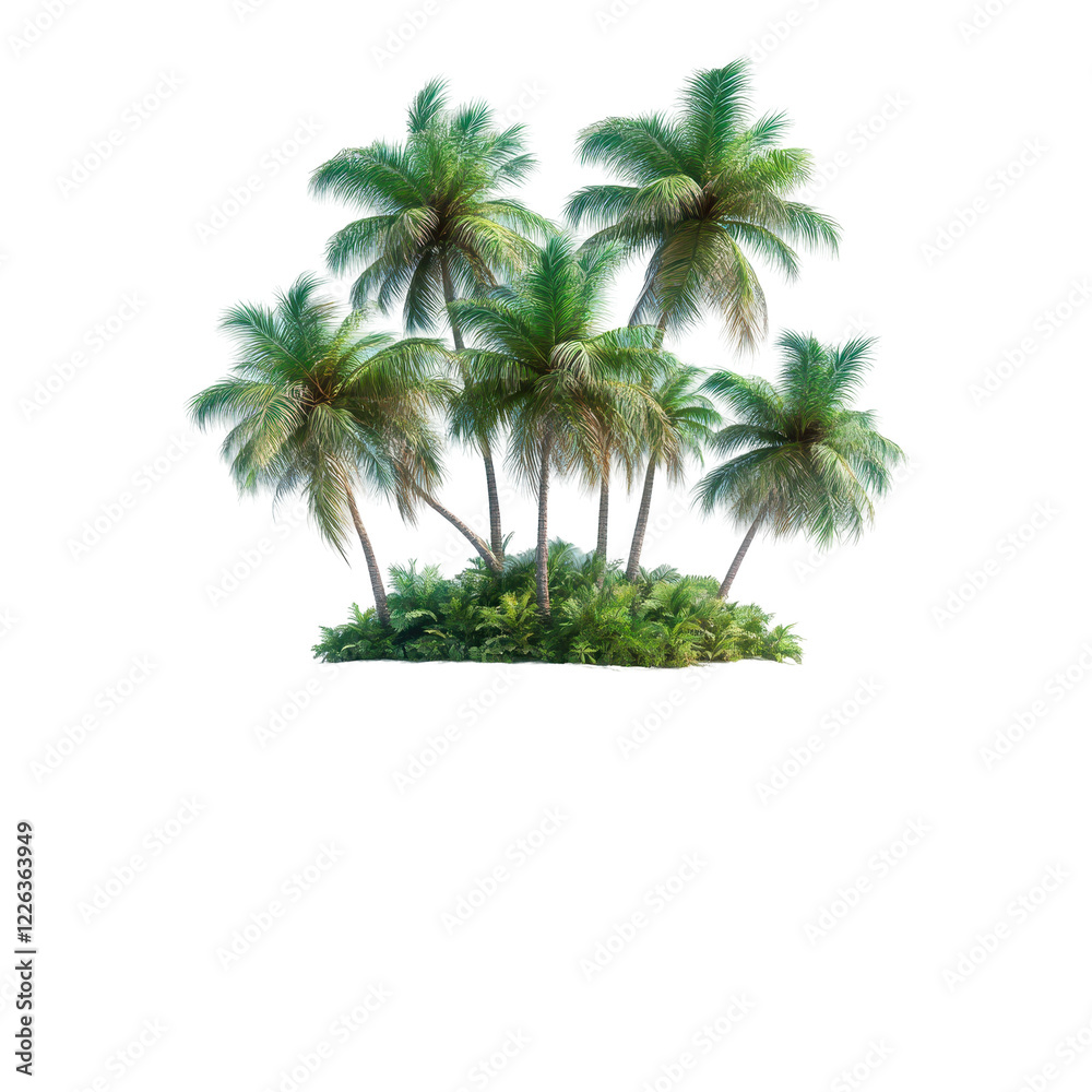 Fototapeta premium Lush palm trees on a tropical island. transparent background