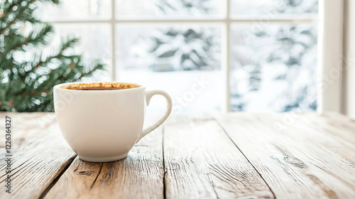 A steaming cup of hot chocolate topped with whipped cream and marshmallows sits on a rustic wooden table, exuding warmth and comfort. The vintage mug and cinnamon stick garnish enhance the cozy.