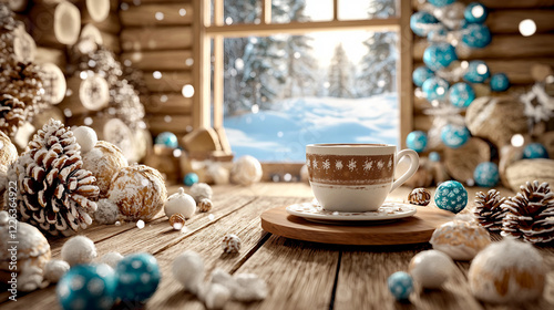 A steaming cup of hot chocolate topped with whipped cream and marshmallows sits on a rustic wooden table, exuding warmth and comfort. The vintage mug and cinnamon stick garnish enhance the cozy.
