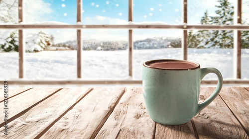 A steaming cup of hot chocolate topped with whipped cream and marshmallows sits on a rustic wooden table, exuding warmth and comfort. The vintage mug and cinnamon stick garnish enhance the cozy.