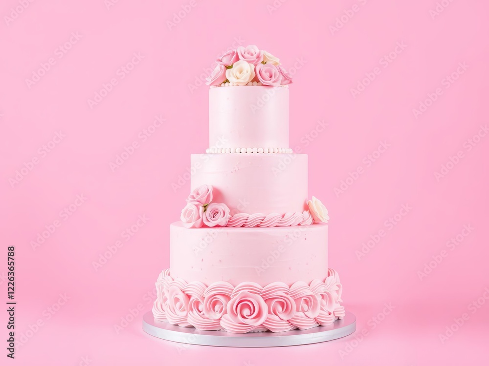 Three tier cake with pink frosting and flowers on pink background, pink, cake, pink background Three tier cake with pink frosting and flowers on pink background, pink, cake, pink background