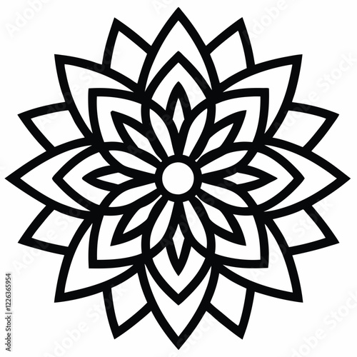 Black Silhouette Mandala Design with Intricate Patterns on White Background