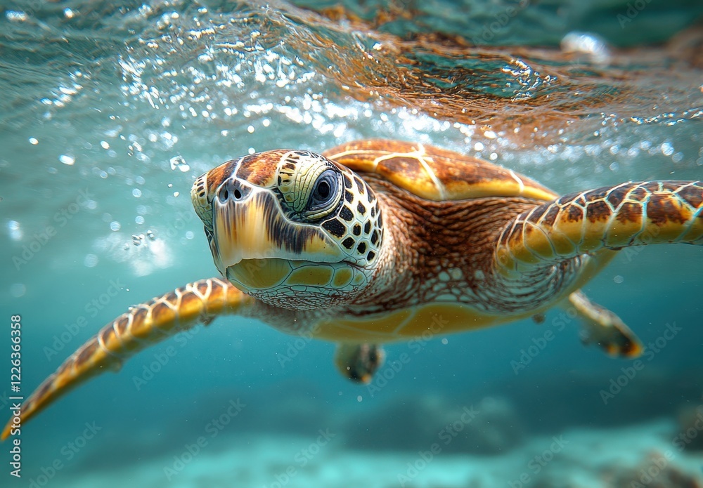 Fototapeta premium Majestic Sea Turtle Swimming Gracefully Underwater in Clear Tropical Ocean Waters with Colorful Coral Reef Background and Bubbles Surrounding it