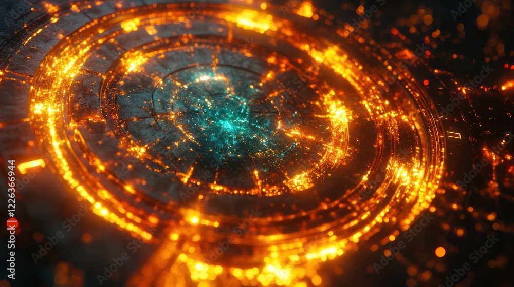 Obraz premium Fiery circular energy core with glowing teal center.