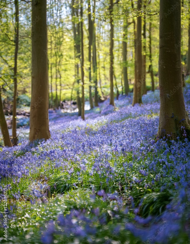 Sunlit bluebells carpet a forest floor, creating a magical scene. Sunlit bluebells carpet a forest floor, creating a magical scene.