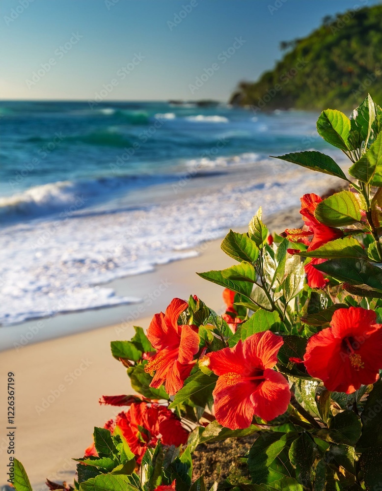 Vibrant hibiscus blooms greet the ocean breeze on a sunny beach. Vibrant hibiscus blooms greet the ocean breeze on a sunny beach.
