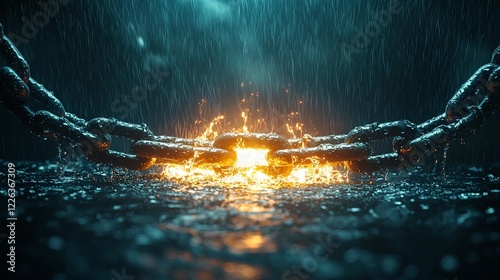 Burning chains breaking apart in rain; freedom concept