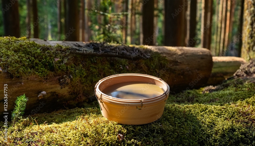 Wooden bowl filled with liquid rests on mossy log in sun-dappled forest. Wooden bowl filled with liquid rests on mossy log in sun-dappled forest.