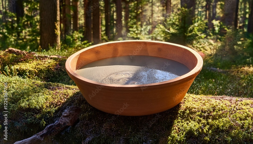 Tranquil forest scene with a terracotta bowl of water. Tranquil forest scene with a terracotta bowl of water.